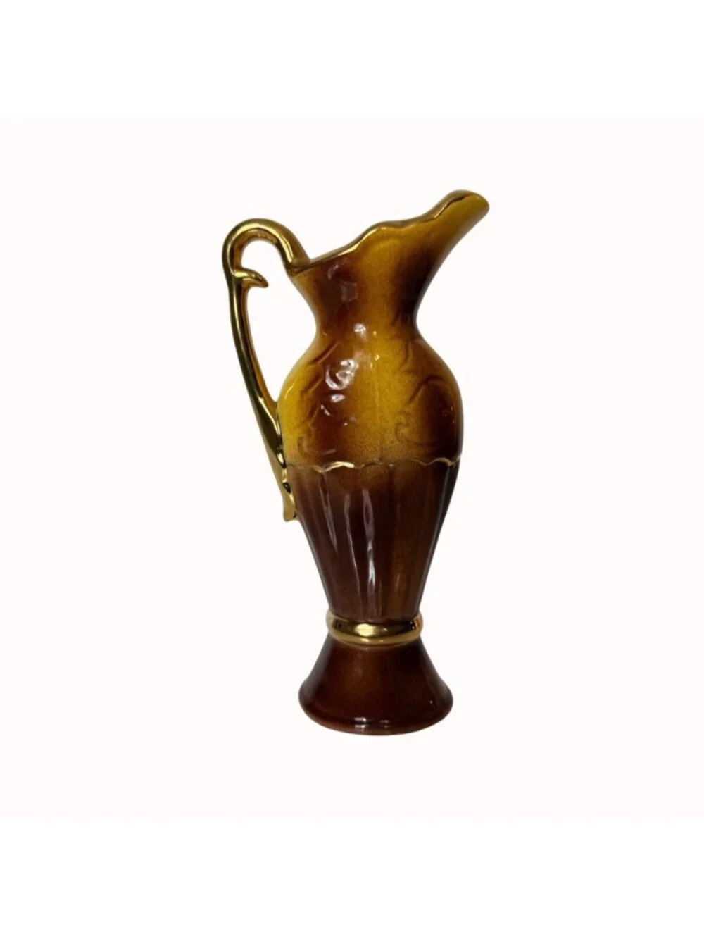 Vintage Mini Bud Vase 23K Gold Ceramic Ewer Pitcher Brown Amber Floral